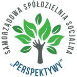Logotyp Samorządowej Spółdzielni Socjalnej „Perspektywy” – w środku stylizowane drzewo z zielonych liści, którego pień tworzy kształt dłoni; wokół w okręgu napis z nazwą spółdzielni.