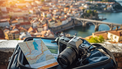 Walizka z aparatem fotograficznym, w tle panorama Porto