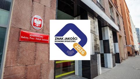Budynek ministerstwa rodziny, pracy i polityki społecznej oraz logo konkursu