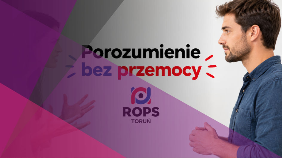 grafika ilustracyjna - dwoje ludzi dyskutuje, logo ROPS, napis Porozumienie bez Przemocy